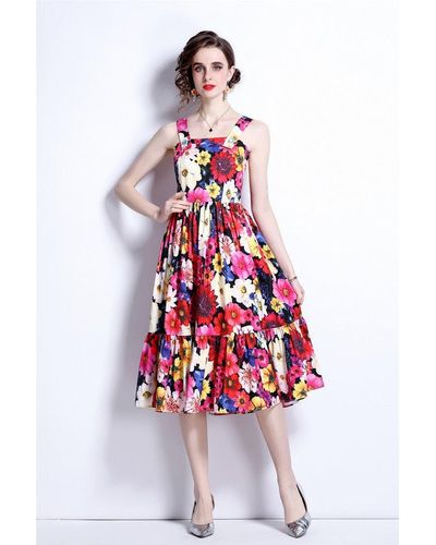 Kaimilan Color Floral Print Day A-line Strap Knee Dress - Red