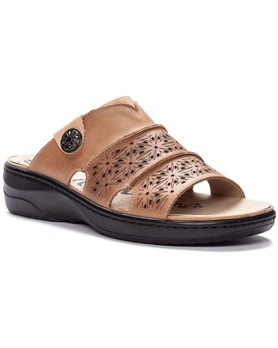 Propet Gertie Leather Open Toe Slide Sandals - Brown