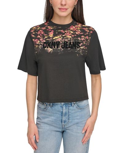 DKNY Velvet Trim Crewneck Graphic T-shirt - Black