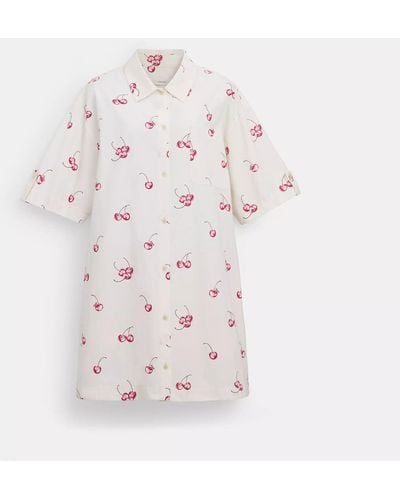 COACH Cherry Print Button Front Short Dress - Natural