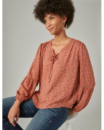 Lucky Brand Long Sleeve Printed Lace Up Blouse - Pink