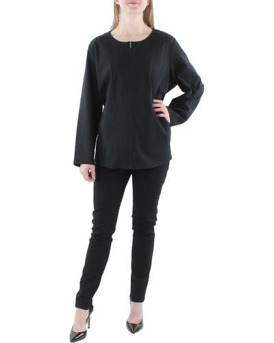 Eileen Fisher Plus Round Neck Long Sleeve Full Zip Sweater - Black