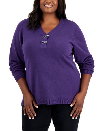 Karen Scott Plus Cotton Henley Pullover Sweater - Purple