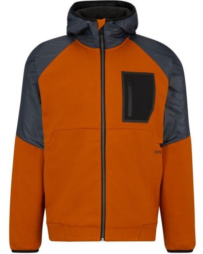 BOSS Mixed-material Zip-up Hoodie With Fleece Lining - Orange