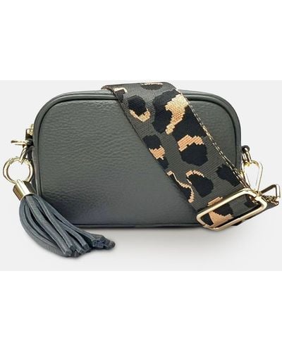 Apatchy London The Mini Tassel Dark Gray Leather Phone Bag With Gray Leopard Strap