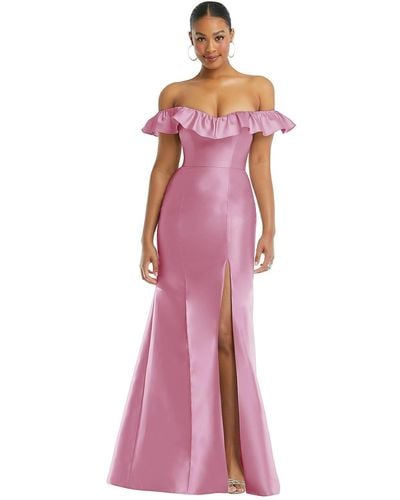 Alfred Sung Off-the-shoulder Ruffle Neck Satin Trumpet Gown - Purple