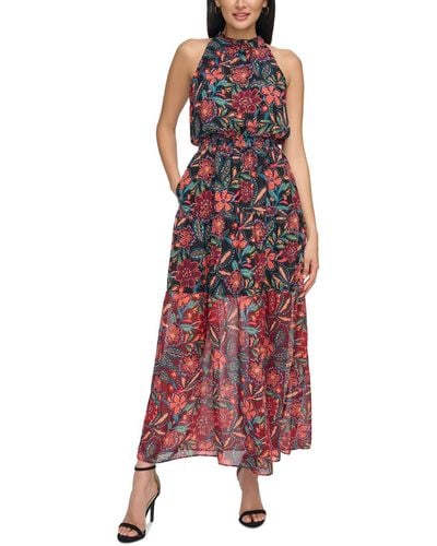 Vince Camuto Smocked Long Maxi Dress - Red
