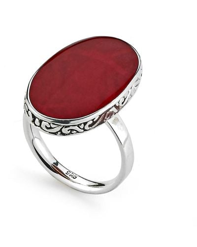 Samuel B. Sterling Silver Balinese Design Oval Mother Of Pearl Ring - Red