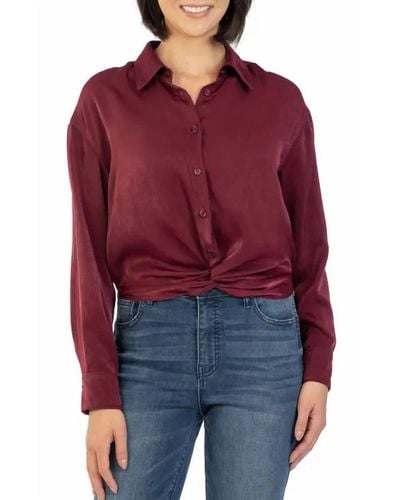 Kut From The Kloth Delanie Front Knot Long Sleeve Shirt - Red