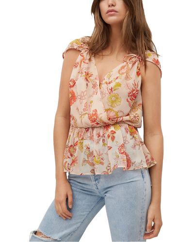 Mng Floral Print Faux-wrap Peplum Top - Blue