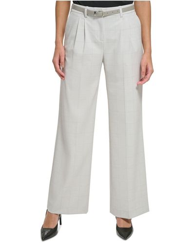 Calvin Klein Petites Window Pane Pattern Belted Trouser Pants - Gray