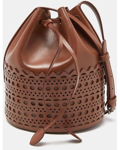 Alaïa Leather Drawstring Bucket Bag - Brown