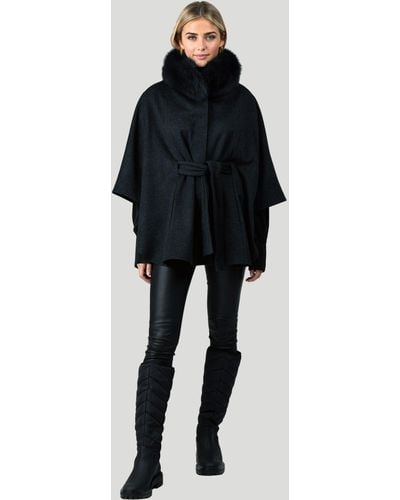 Gorski Wool Belted Cape With Fox Collar - Black