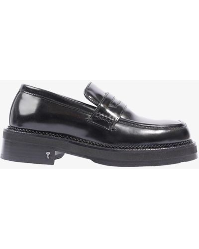 Ami Paris Square-toe Polished Loafers Calfskin Leather - Black