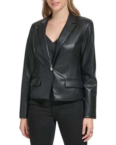 Calvin Klein Faux Leather Dressy One-button Blazer - Black