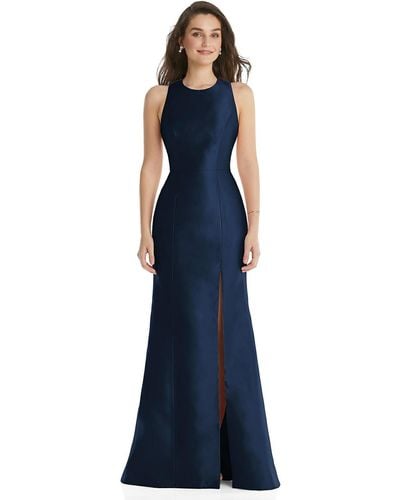 Alfred Sung Jewel Neck Bowed Open-back Trumpet Dress With Front Slit - Blue