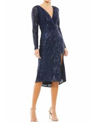 Mac Duggal Sequin Long Sleeve Midi Dress - Blue