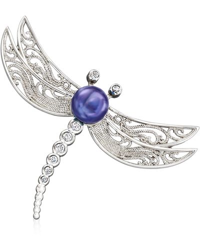 Ross-Simons 8-9mm Black Cultured Pearl Dragonfly Pin - Blue