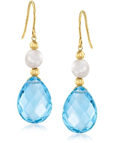 Ross-Simons 6-7mm Cultured Pearl And Swiss Topaz Drop Earrings - Blue