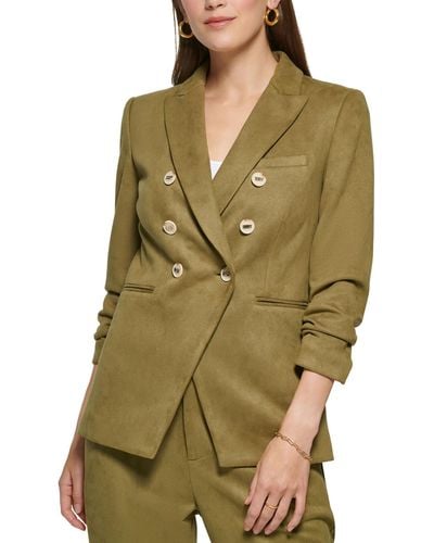 DKNY Faux Suede Ruched Double-breasted Blazer - Green