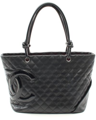 Chanel Cambon Line Large Shoulder Bag Tote Bag Leather Patent Leather Silver Hardware - Black