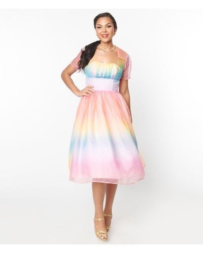Unique Vintage Pastel Rainbow Ombre Libby Swing Dress - Pink