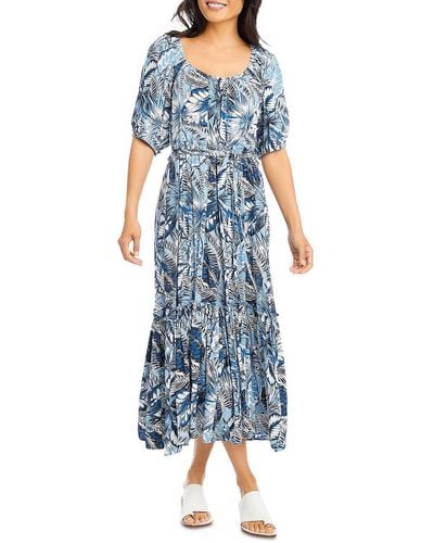 Karen Kane Poof Woven Puff Sleeves Midi Dress - Blue