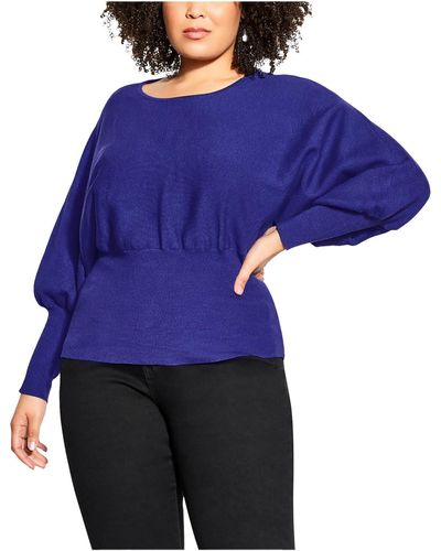 City Chic Plus Lily Ribbed Trim Long Sleeve Pullover Sweater - Blue
