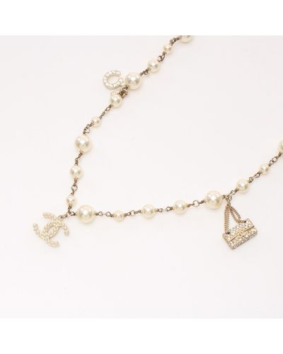 Chanel Coco Mark Icon Necklace Gp Fake Pearl Rhinestone Champagne Gold Offclear 05a - Natural