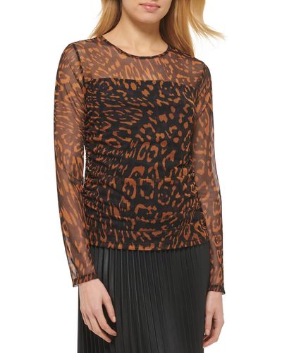 DKNY Animal Print Mesh Pullover Top - Brown