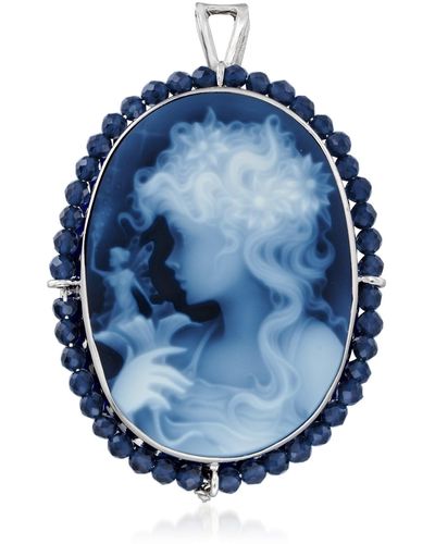 Ross-Simons Italian Black Agate Girl With Fairy Cameo Pin/pendant With Spinel - Blue