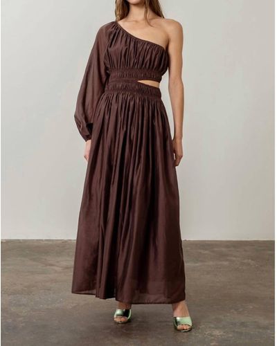 Moon River Cut Out Shirred Midi Dress - Brown