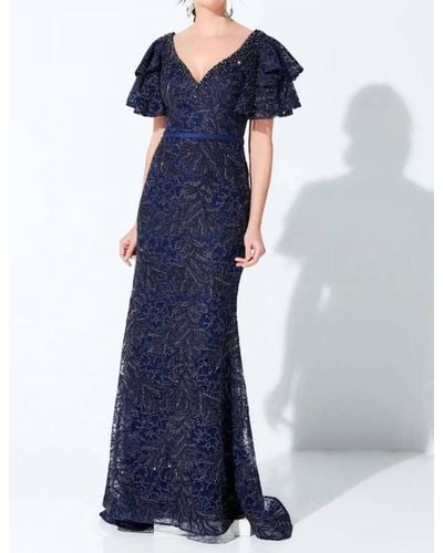 Ivonne D Ruffle Sleeve Embroidered V-neck Dress - Blue