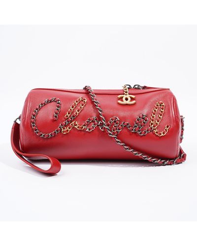 Chanel Chain Bowling Bag Lambskin Leather Crossbody Bag - Red