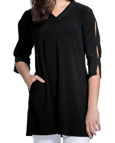 Sympli Shift V-neck 3/4 Sleeve Tunic Shirt Top - Black