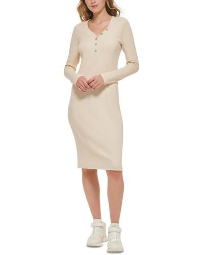 DKNY Henley Neckline Long Sleeve Midi Dress - Natural
