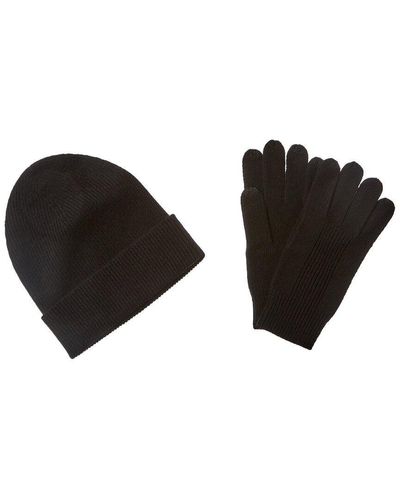 Qi 2pc Ribbed Cashmere Hat & Glove Set - Black
