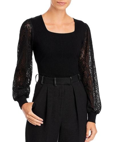 Sioni Lace Sleeves Square Neck Pullover Top - Black
