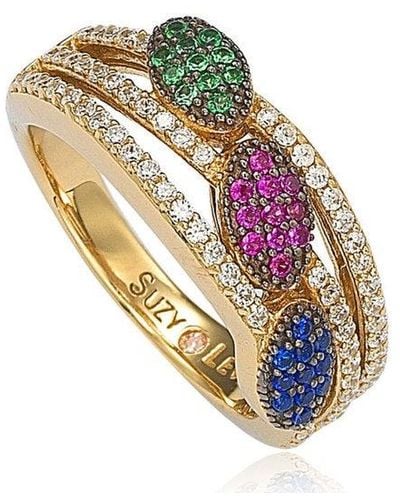 Suzy Levian Gold Plated Sterling Silver Blue Red And Green Pave-set Cubic Zirconia Ring - Metallic
