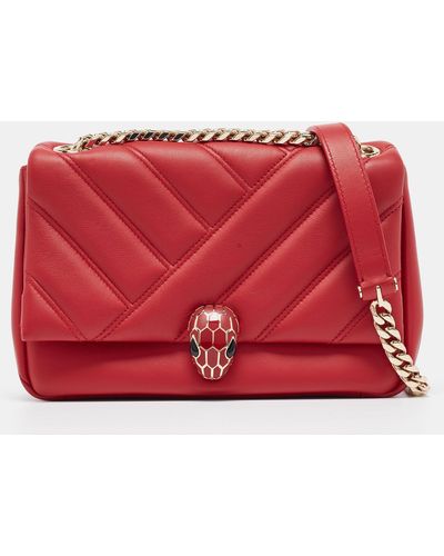 BVLGARI Quilted Leather Small Serpenti Cabochon Shoulder Bag - Red