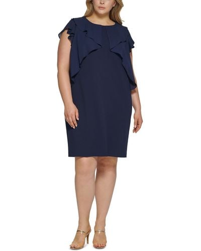 DKNY Plus Georgette Ruffled Midi Sheath Dress - Blue