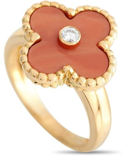 Van Cleef & Arpels Vintage Alhambra 18k Yellow Gold Diamond And Coral Ring - Metallic