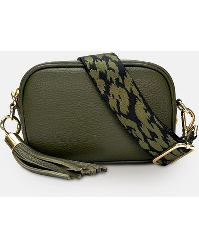 Apatchy London The Mini Tassel Olive Leather Phone Bag With Olive Cheetah Strap - Green