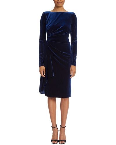 Badgley Mischka Stretch Velvet Side Drape Dress - Blue