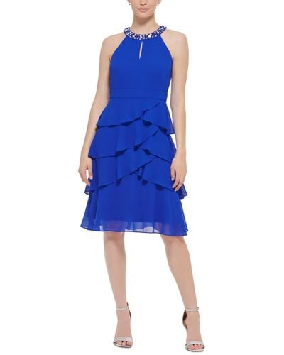 Jessica Howard Crystal Neckline Keyhole Cocktail And Party Dress - Blue