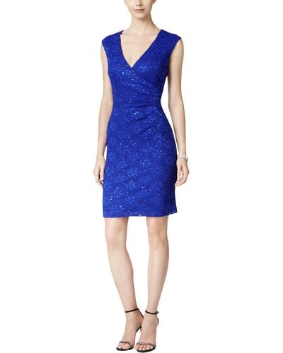 Connected Apparel Lace Sequined Cocktail Dress - Blue