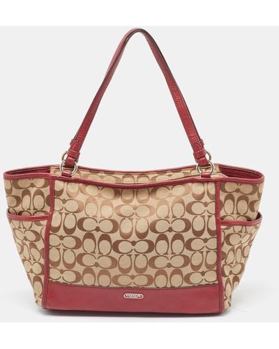 COACH /burgundy Signature Canvas And Leather Carrie Tote - Brown