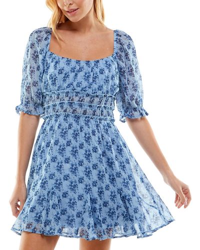 Trixxi Floral Ruched Waist Babydoll Dress - Blue