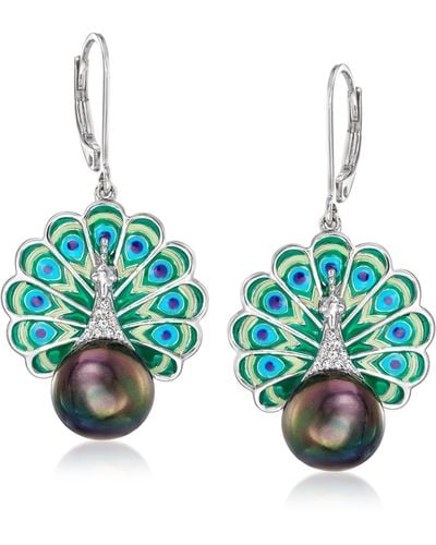 Ross-Simons 8.5-9mm Black Cultured Pearl Peacock Drop Earrings With Multicolored Enamel And Diamond Accents - Blue