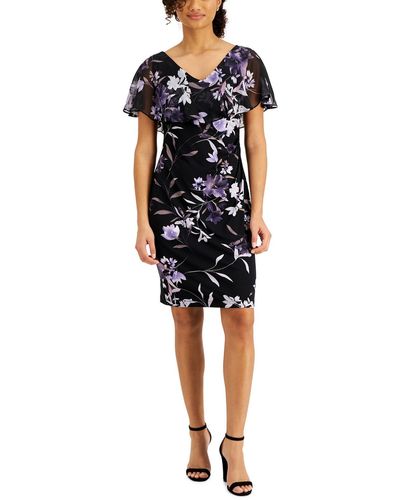 Connected Apparel Floral Print Cape Sleeves Cocktail Dress - Blue